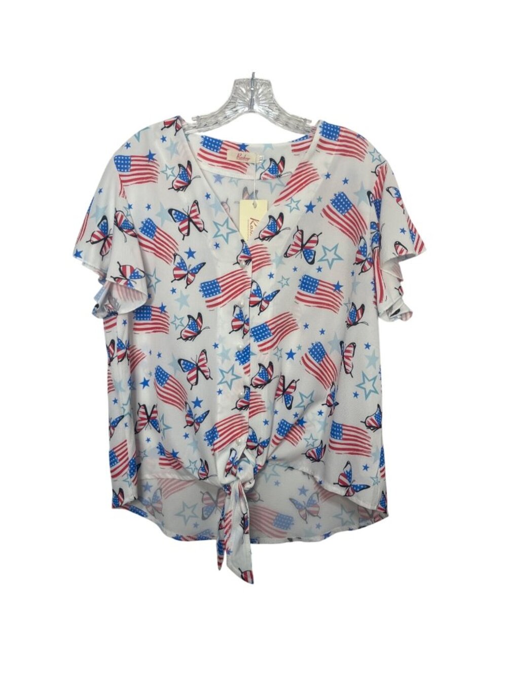 Roshop‎ Patriotic Shirt Blouse Womens XL White Red Blue New Butterfly Flags